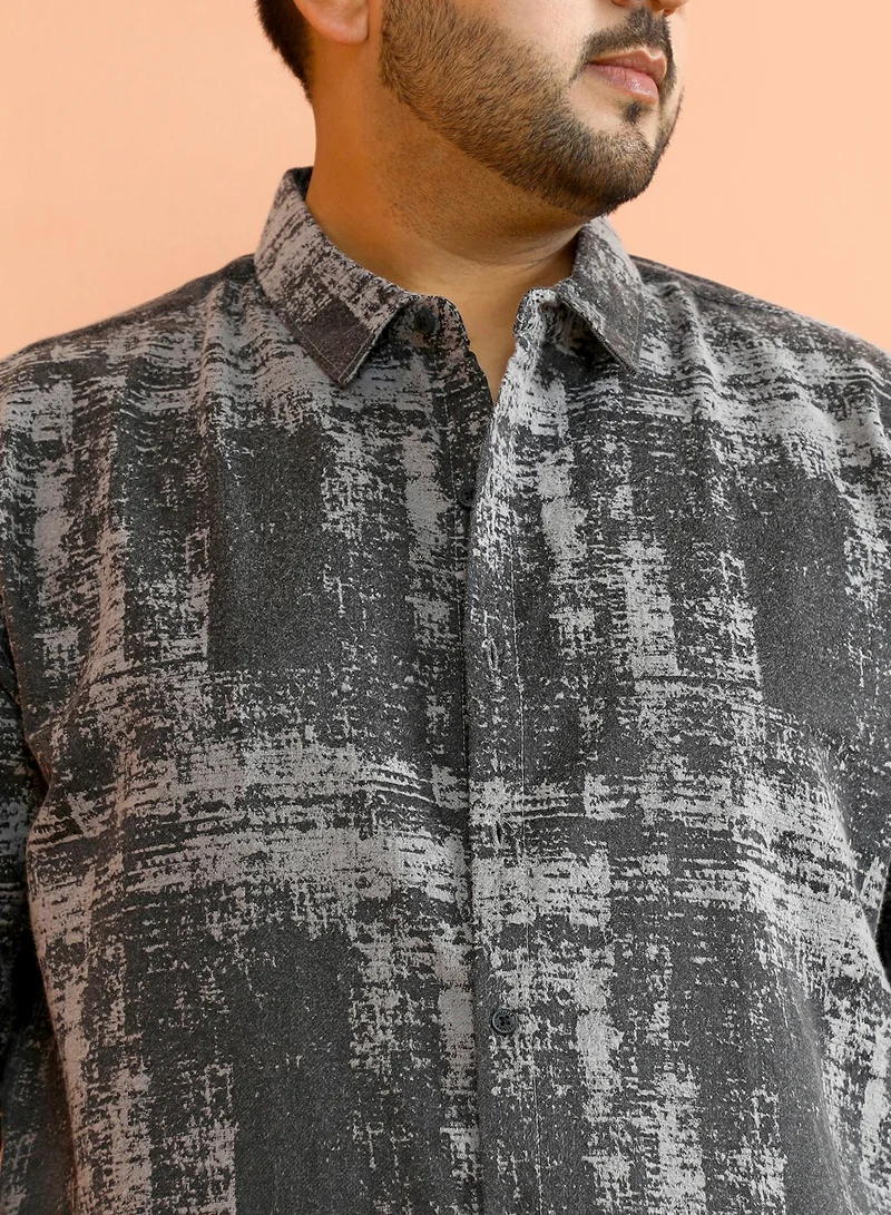 Instafab Plus  Instafab Plus Men's Moon Grey & Onyx Black Misty-Woven Shirt For Casual Wear | Spread Collar | Long Cuffed Sleeves | Button Closure | Plus Size Shirt Crafted With Comfort Fit For Everyday Wear for Men | Best Price UAE