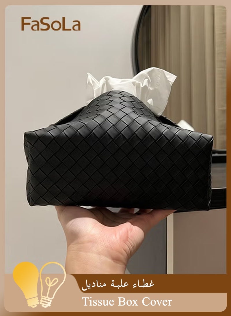 Fasola Tissue Box Cover, 18 x 9 x 9 cm Woven-Texture PVC Leather Tissue Box Holder and Organizer for Living Room, Bedroom, Desk and Car (Black) - Image 1
