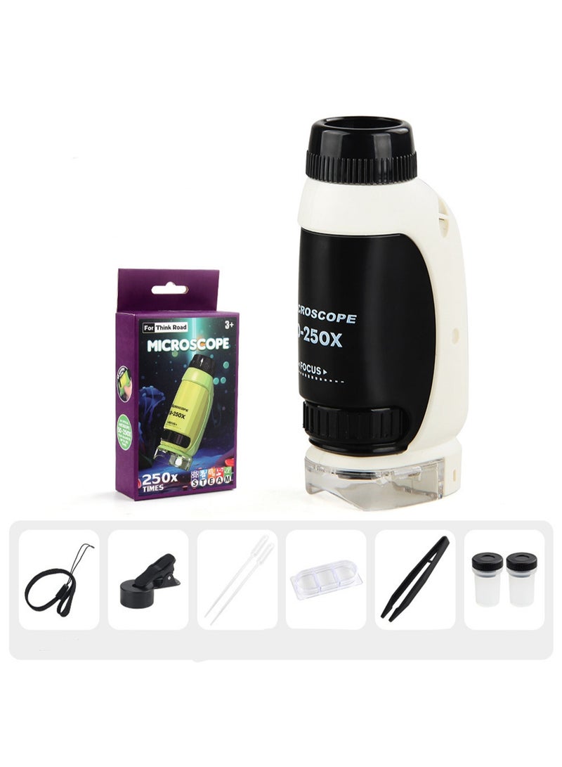 مجهر صغير جديد للمدرسة الابتدائية والثانوية مجموعة أدوات تعليمية للتجربة العلمية مجهر محمول تعليمي للأطفال (مجهر بيد واحدة أبيض وأسود + حامل هاتف محمول صغير) - Image 1