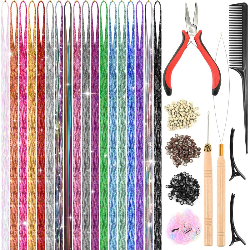 Leuceiy 18 Colors Hair Tinsel Kit, 48 Inch Hair Extensions With Tool, 5400 Strands Sparkling Dazzle Glitter Shiny Fairy Hair Heat Resistant for Girls Women Christmas New Year Festival Party - Image 1