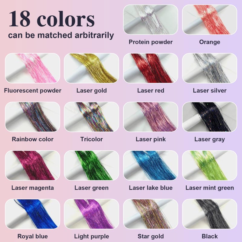 Leuceiy 18 Colors Hair Tinsel Kit, 48 Inch Hair Extensions With Tool, 5400 Strands Sparkling Dazzle Glitter Shiny Fairy Hair Heat Resistant for Girls Women Christmas New Year Festival Party - Image 3