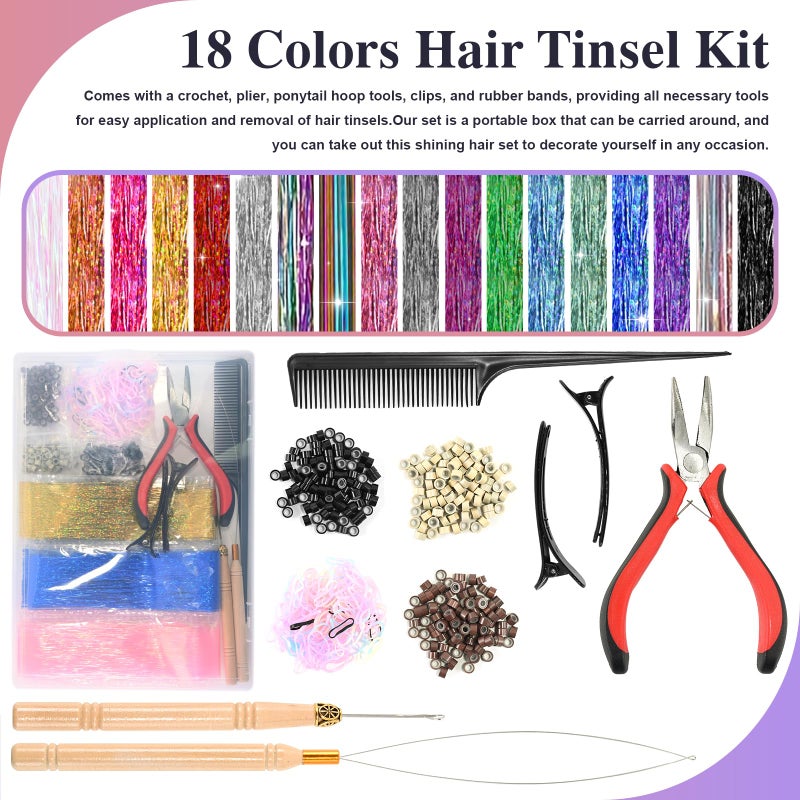 Leuceiy 18 Colors Hair Tinsel Kit, 48 Inch Hair Extensions With Tool, 5400 Strands Sparkling Dazzle Glitter Shiny Fairy Hair Heat Resistant for Girls Women Christmas New Year Festival Party - Image 2