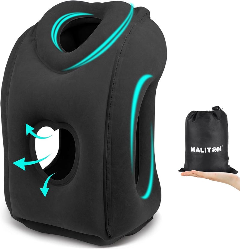 Maliton وسادة سفر قابلة للنفخ للطائرة للنوم المريح لتخفيف آلام الرقبة والكتف، دعم الرأس وسادة قابلة للنفخ للرحلات الطويلة، تستخدم للطائرات، السيارات، القطارات، المكتب (أسود) - Image 1