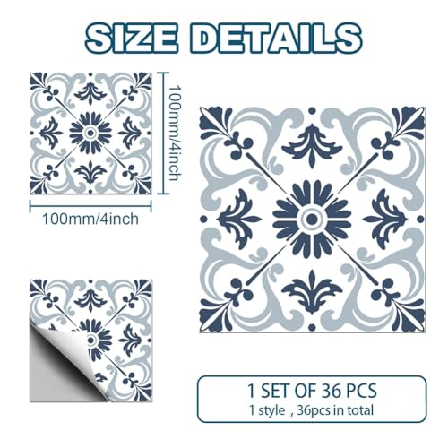 CHGCRAFT 36 Pcs Retro Mandala Peel and Stick Wallpaper Blue Self Adhesive Wallpaper Tile Stickers Used for Kitchen Bathroom Bedroom Wall Fireplace Floor Decoration 3.9x3.9 Inch - Image 2