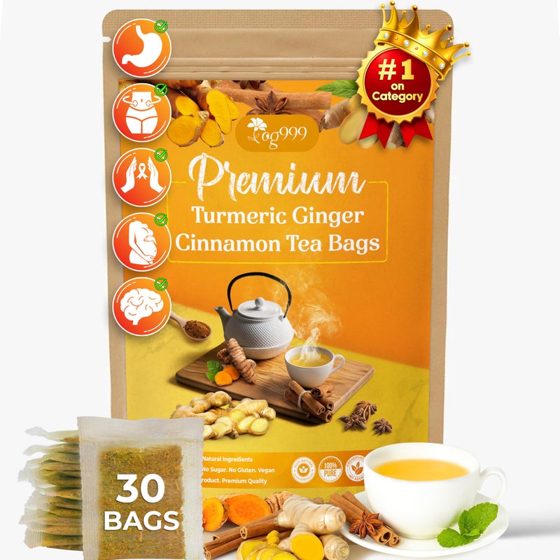 30 Bags Premium Turmeric Ginger Cinnamon Tea, Improve Digestion, Support Brain, Weight, Skin and Sleep, Eco-Conscious Tea Bags and Premium Natural Ingredients. Turmeric Ginger Herbal Tea. No Sugar, No Caffeine, No Gluten, Vegan. - Image 1