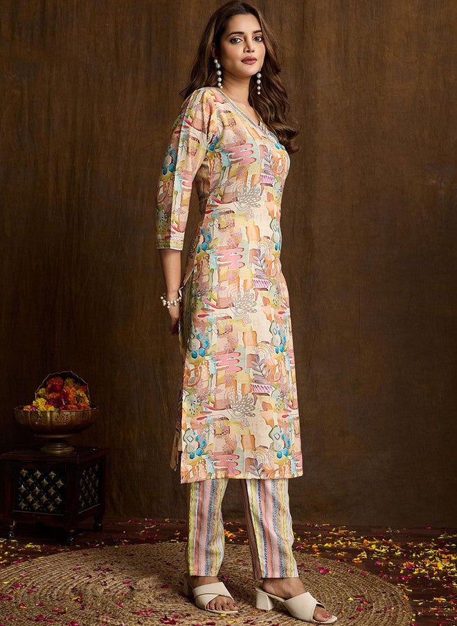 Women Basket Women Abstract Printed Pure Cotton V-Neck Straight Kurta with Trousers - Image 3