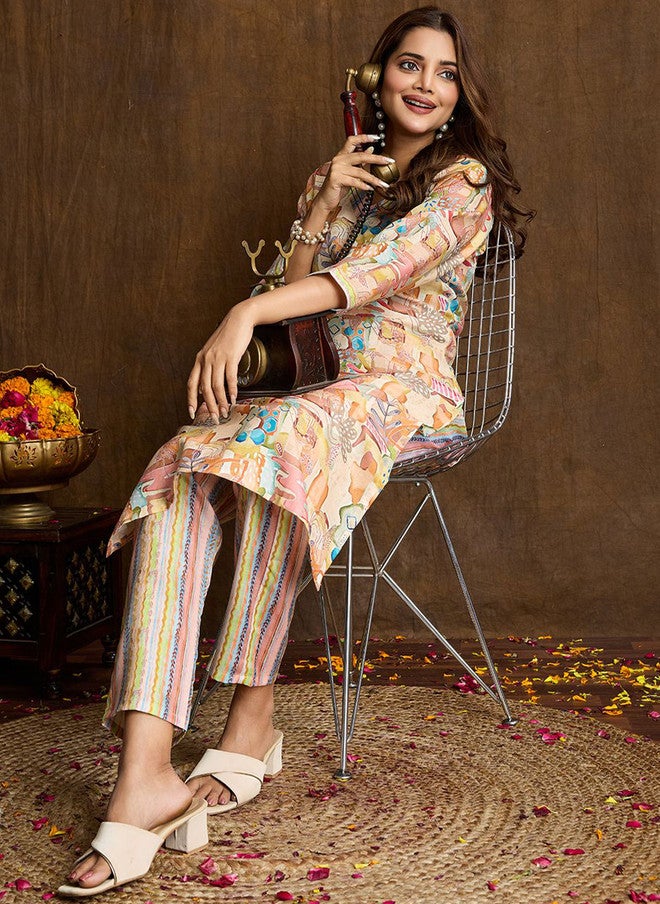 Women Basket Women Abstract Printed Pure Cotton V-Neck Straight Kurta with Trousers - Image 5