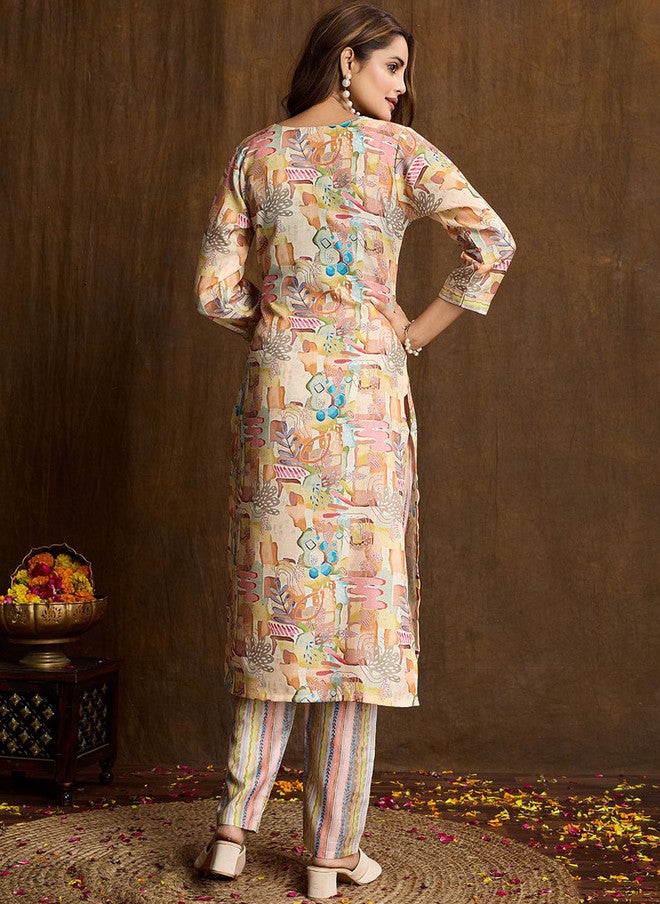 Women Basket Women Abstract Printed Pure Cotton V-Neck Straight Kurta with Trousers - Image 4