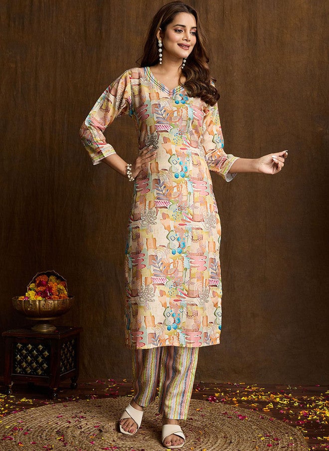 Women Basket Women Abstract Printed Pure Cotton V-Neck Straight Kurta with Trousers - Image 1