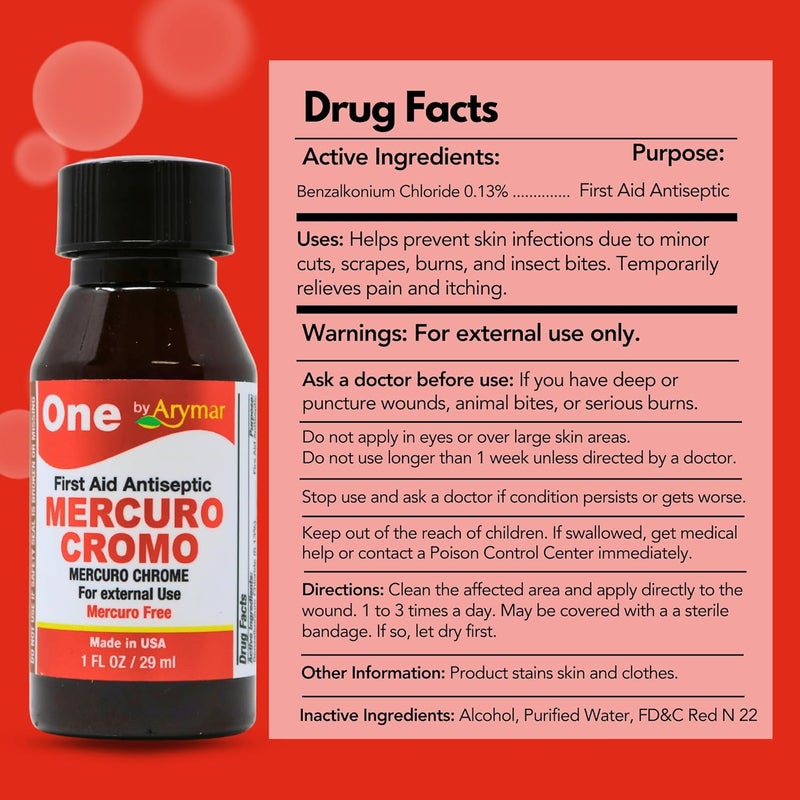 Arymar Mercuro Chrome Antiseptic Solution 1 fl oz. First Aid Topical Liquid for Minor Cuts, Scrapes & Burns - Image 2