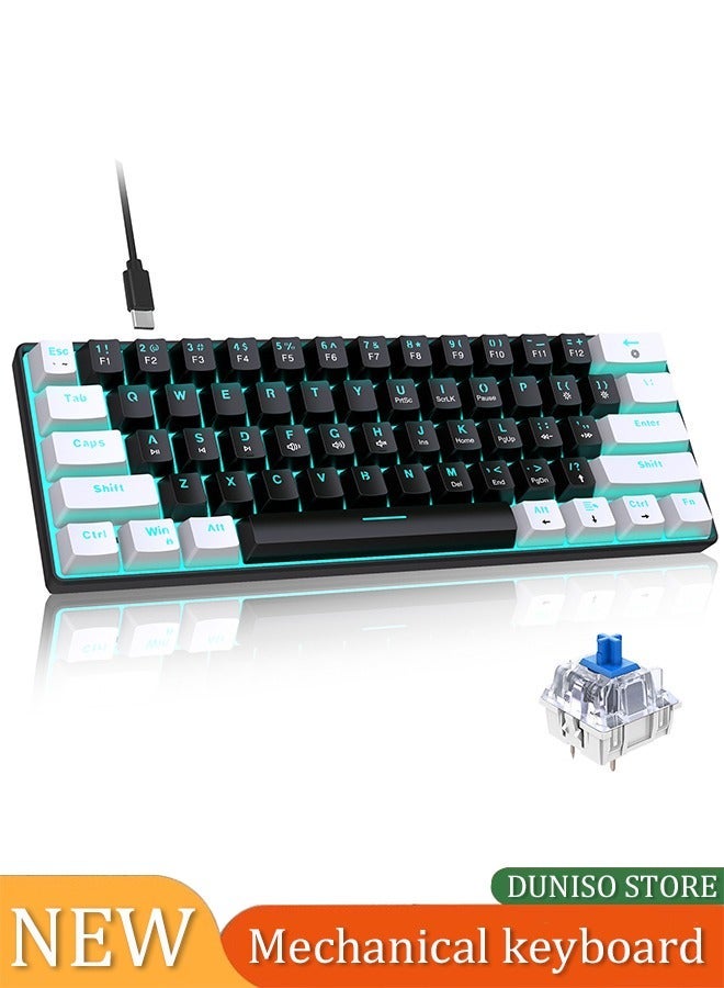DUNISO Wired 60% Mechanical Gaming Keyboard, Blue Switch Full Anti Ghosting Portable Mini Keyboard, For Windows Laptop PC Mac (White Black Ice) - Image 1