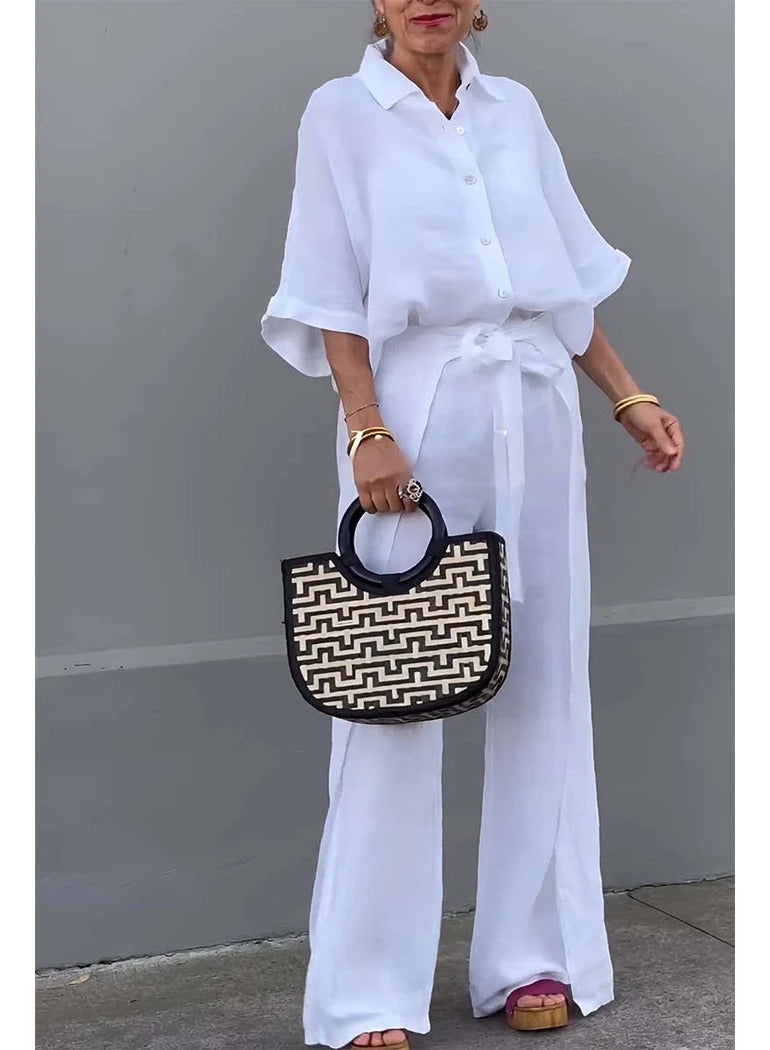 Shougu Casual Solid Color Shirt Belt Wide Leg Irregular Pants Set  - Image 1