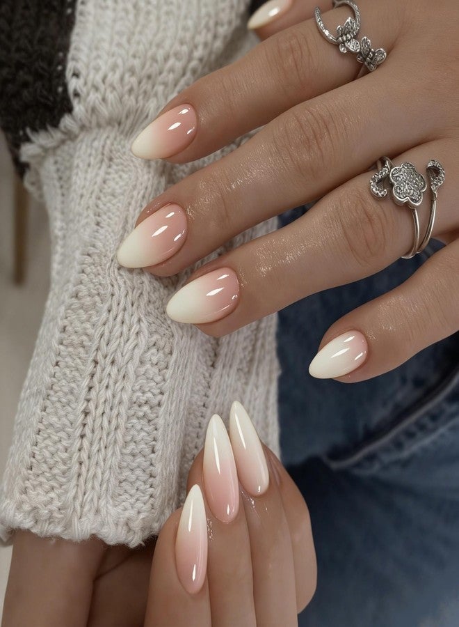 KQueenest Ombre Press on Nails Short Almond - French White Fake Nails Press on, Gradient Acrylic Nails Glue on, Reusable Salon Quality Stick on Nails for Women Wedding Decoration 24 Pcs - Image 2