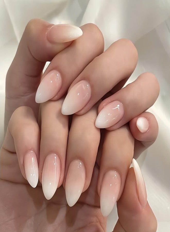 KQueenest Ombre Press on Nails Short Almond - French White Fake Nails Press on, Gradient Acrylic Nails Glue on, Reusable Salon Quality Stick on Nails for Women Wedding Decoration 24 Pcs - Image 1