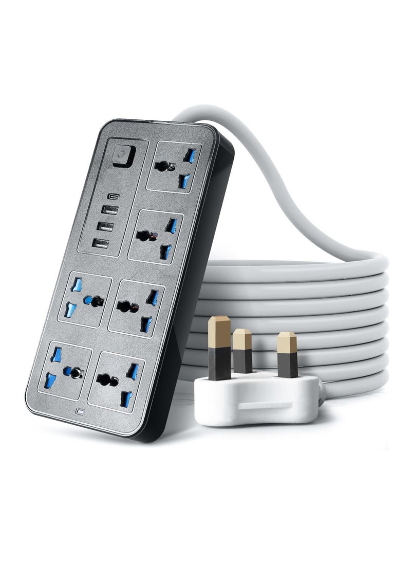 Universal Extension Lead with Multiple Function,UK Plug 3 Pin Socket Outlet with 6 Gang, 3 USB Port, 1 Type-C Port,1.8M Electric Socket Mains Strip for Home,Kitchen,and Office - Image 1
