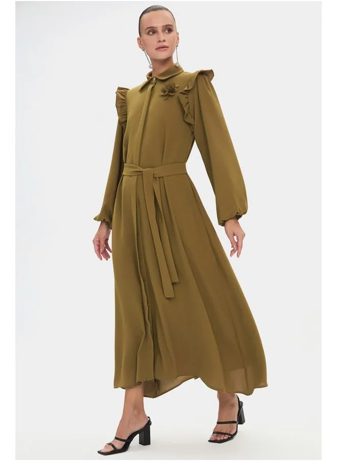 JUNE June Women Shirt Collar Balloon Sleeve Ruffle Detailed Dress Oil Green