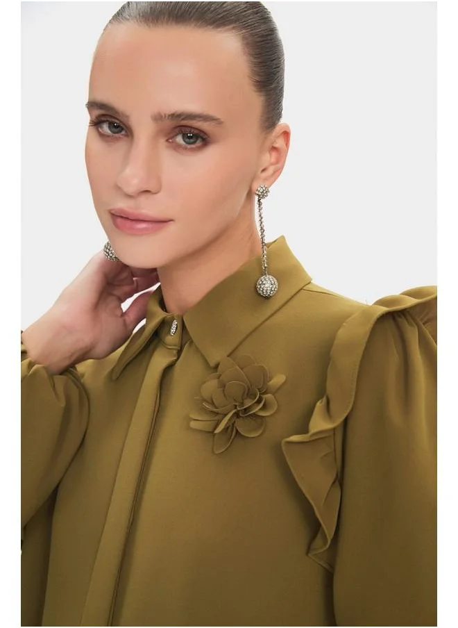 JUNE June Women Shirt Collar Balloon Sleeve Ruffle Detailed Dress Oil Green