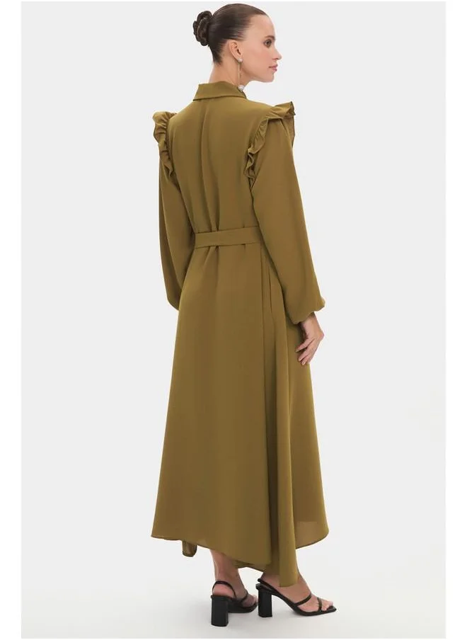 JUNE June Women Shirt Collar Balloon Sleeve Ruffle Detailed Dress Oil Green