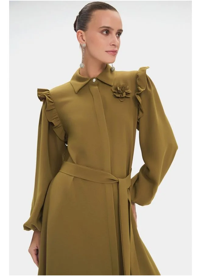JUNE June Women Shirt Collar Balloon Sleeve Ruffle Detailed Dress Oil Green