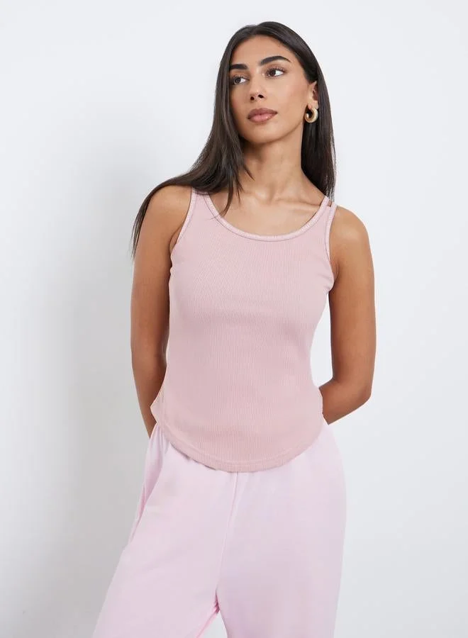 Pink Slogan Binding Detail Ribbed Tank