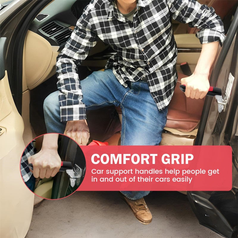 Car Door Assist Handle: 2pcs Red 3-In-1 Design Supports Up To 400 Pounds - Anti-Slip Comfortable Grip Seat Belt Cutter For Elderly Emergency Car Use - Image 2