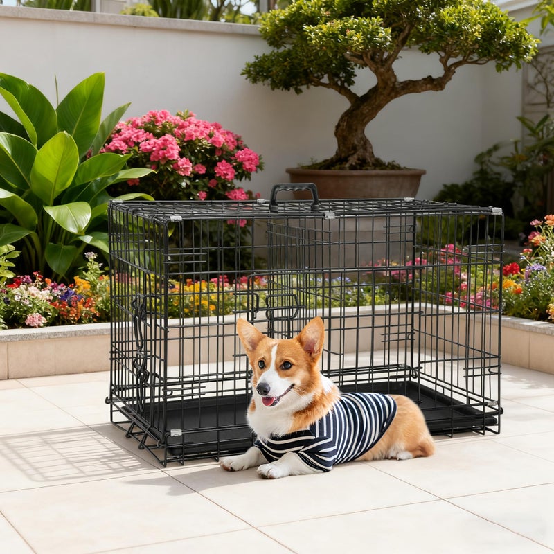 FDW 30-Inch Dog Crate Pet Cage with Metal Folding Design Plastic Tray Indoor Outdoor Dog Kennel Cage for Small and Medium Dogs,Dark Black - Image 2