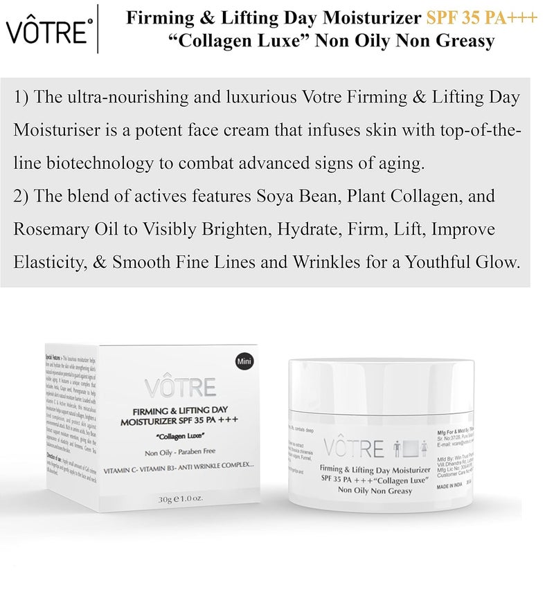 Votre Votre Natural Mini Firming and Lifting Day Moisturizer SPF 35 PA Collagen Luxe for Fine Lines Wrinkles 30 Gm  Anti AgingAnti Wrinkle - Image 3