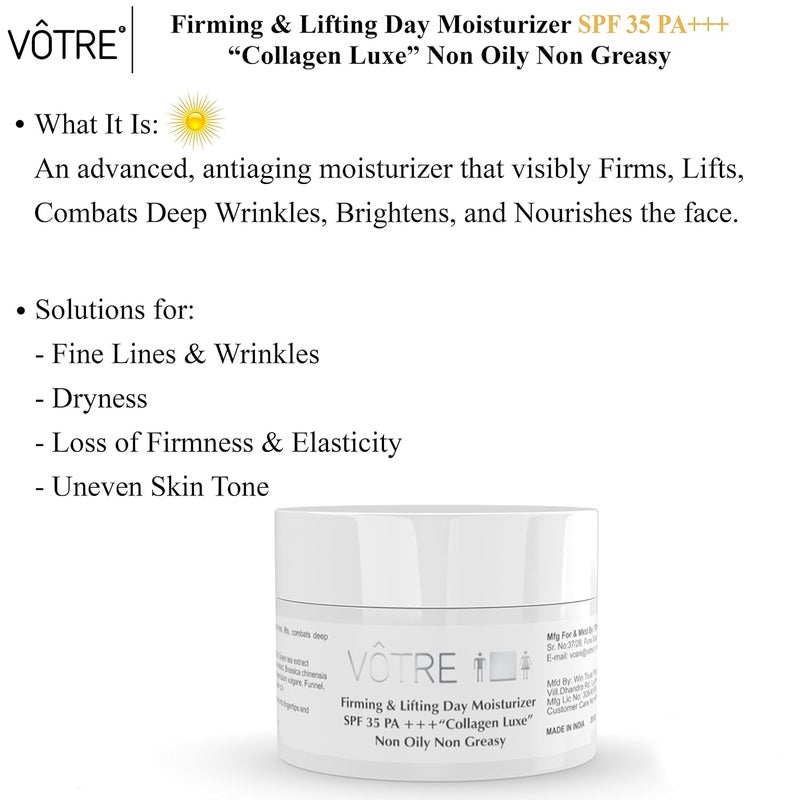 Votre Votre Natural Mini Firming and Lifting Day Moisturizer SPF 35 PA Collagen Luxe for Fine Lines Wrinkles 30 Gm  Anti AgingAnti Wrinkle - Image 2