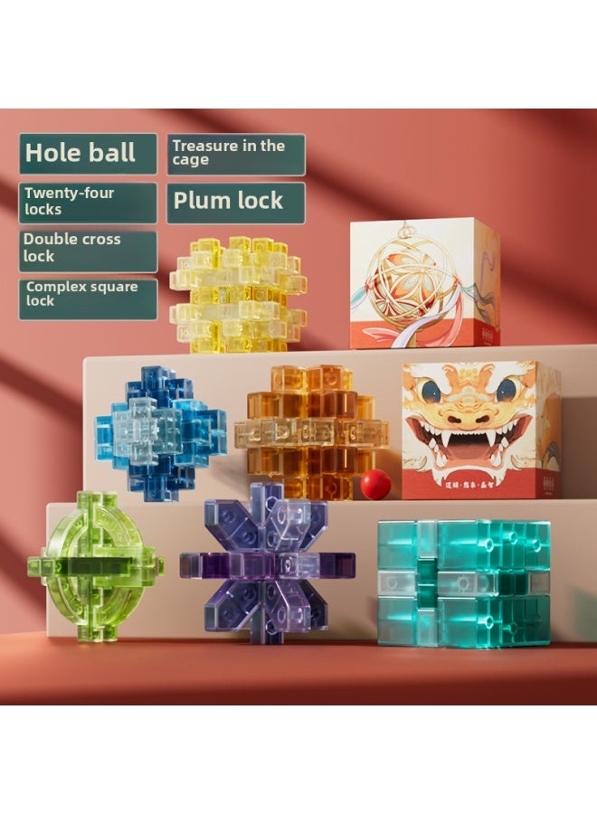 Qgso Luban Lock Kongming Lock Toy Boy Full Set Of Mortise And Tenon Unlocking Building Blocks For Kidsren Primary School Students 6 To 1-Color:Liuli Mastering High-end 【six-piece Set】 (send Tutorial)  - Image 1