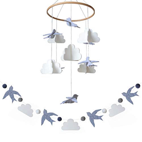 Sorrel + Fern Baby Crib Mobile - Birds in The Clouds w/Garland - Nursery Decor for Boys & Girls - Image 1