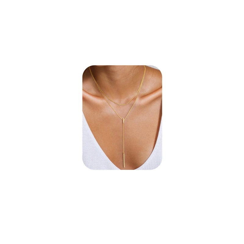 Yoosteel Lariat Necklace for Women - Dainty 14K-Gold-Plated Bar Pendant Necklaces Layered Long Y-Shaped Drop Chain Choker Jewelry Trendy Gifts for Women - Image 1