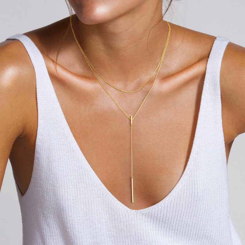 Yoosteel Lariat Necklace for Women - Dainty 14K-Gold-Plated Bar Pendant Necklaces Layered Long Y-Shaped Drop Chain Choker Jewelry Trendy Gifts for Women - Image 2