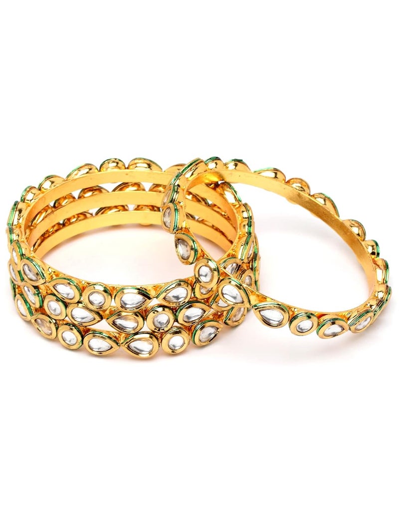 Karatcart Set of 4 Gold Plated Round and Drop Shape Polki Kundan Studded Bangles for Women - Image 5