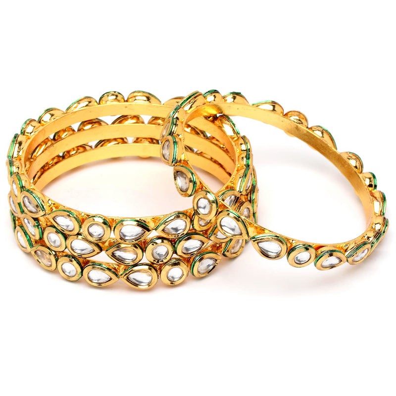 Karatcart Set of 4 Gold Plated Round and Drop Shape Polki Kundan Studded Bangles for Women - Image 1