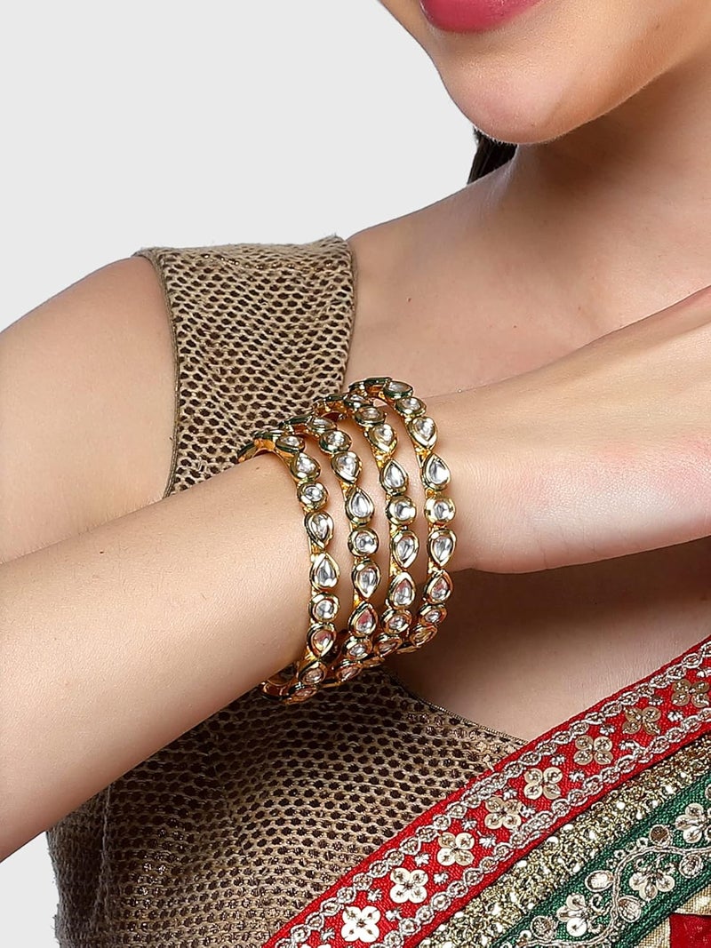 Karatcart Set of 4 Gold Plated Round and Drop Shape Polki Kundan Studded Bangles for Women - Image 2