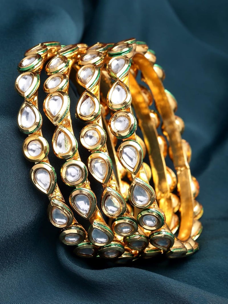 Karatcart Set of 4 Gold Plated Round and Drop Shape Polki Kundan Studded Bangles for Women - Image 4