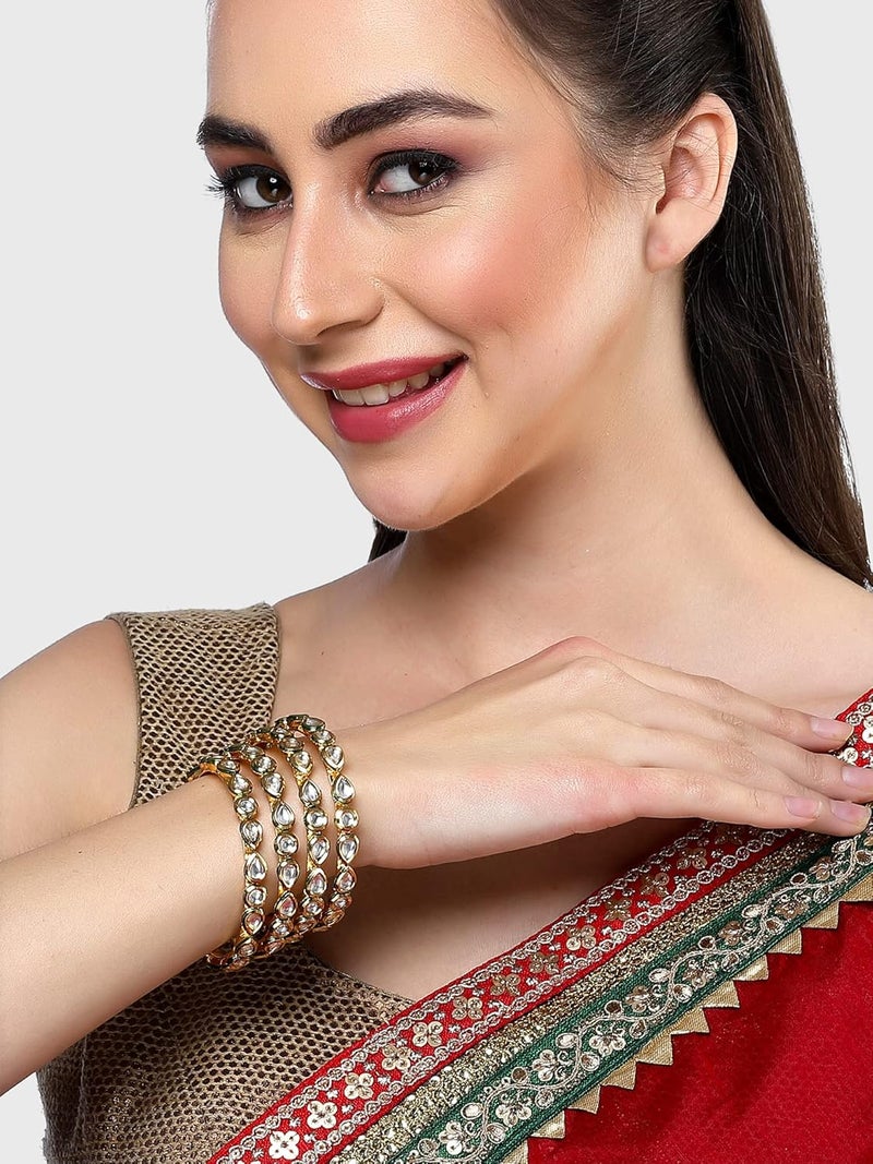 Karatcart Set of 4 Gold Plated Round and Drop Shape Polki Kundan Studded Bangles for Women - Image 3