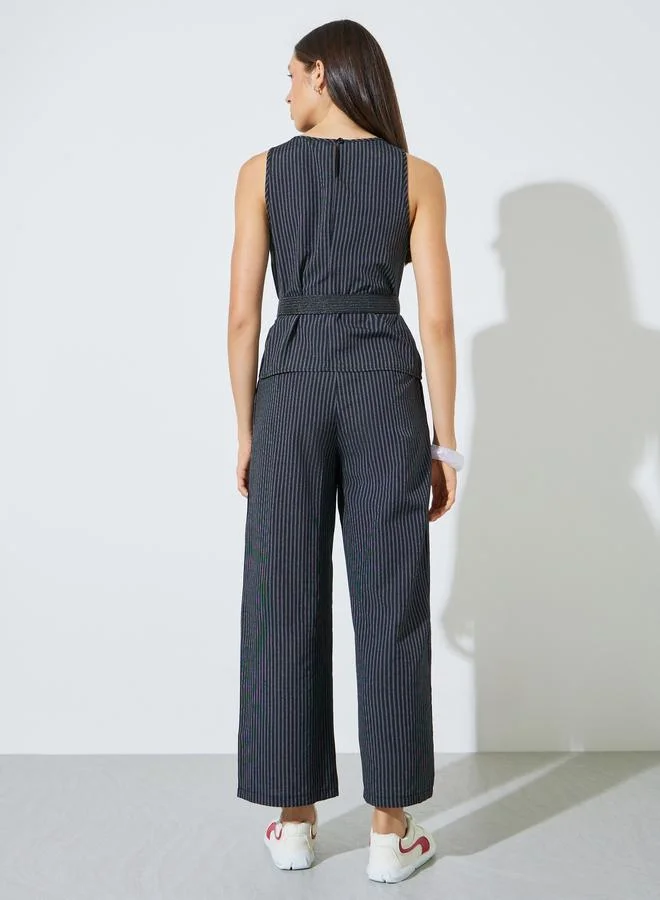 Styli Black Black Striped Belted Top and Pants Co-Ord Set for Women | Best Price UAE
