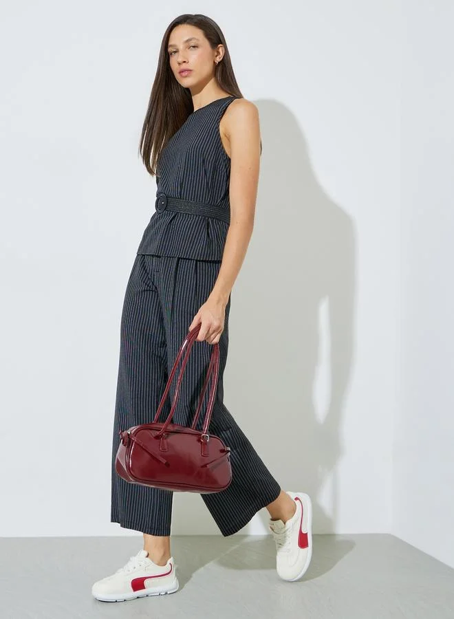 Black Striped Belted Top and Pants Co-Ord Set