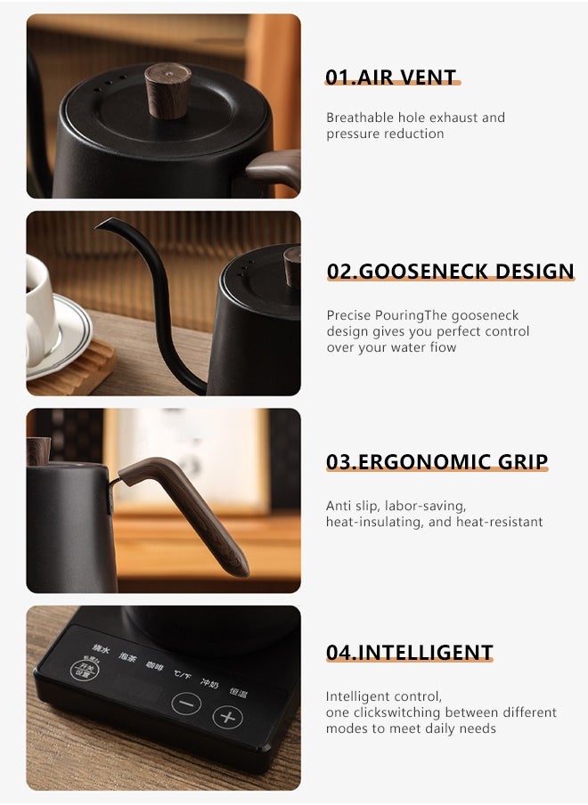 1000ML Electric Kettles with Gooseneck, Touch Screen Panel Temperature Adjustment with Digital Display Temperature Automatic Insulation Stainless Steel Material,Automatic Temperature Control,Suitable for Home and OfficeFast Boiling, Constant Temperature, 304 Stainless Steel Coffee and Tea Pot,Multifunctional Rapid Heating Electric Kettle Wood Fiber，Black