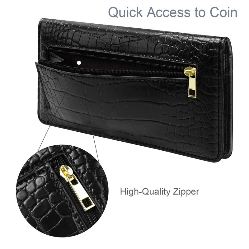 Simikol Wallet Women Bifold Faux Crocodile Leather Minimalist Slim Thin Long Wallets RFID Blocking Credit Cards Holder Purse with Back Zipper Coin Pocket for Women and Men,Black - Image 5