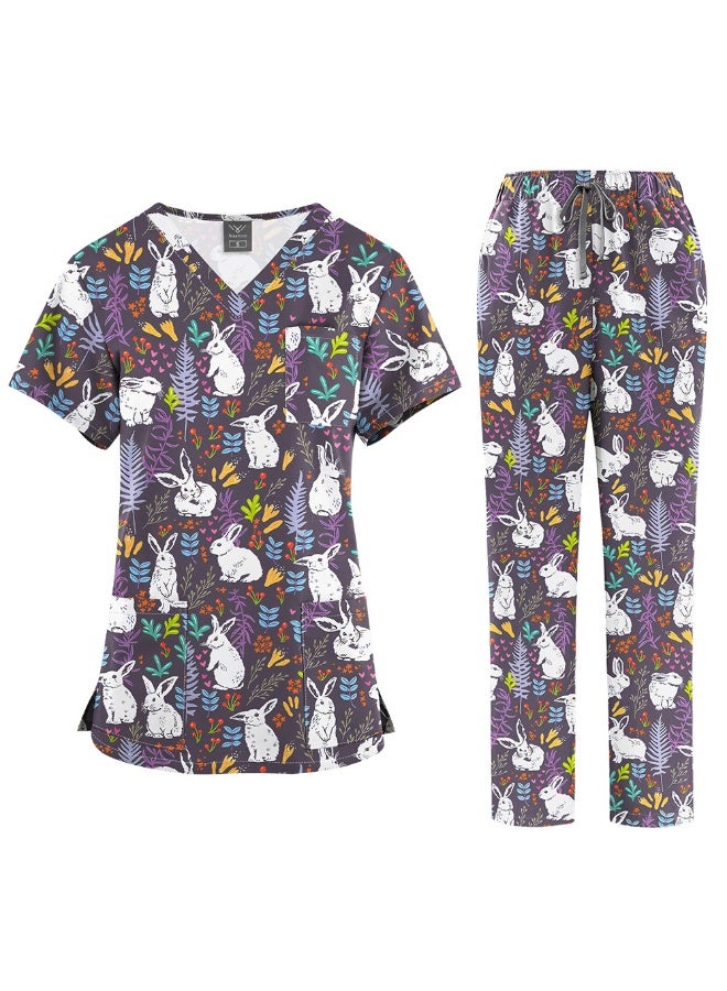 NIBEMINENT أزياء جراحية للنساء طقم سكراب طبي مطبوع ملابس عمل صالون تجميل سكراب للحيوانات السريرية قميص + بنطال بدلة ممرضات الأطباء - Image 1