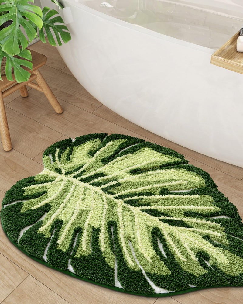 LUMI Cute Bathroom Rugs with Green Leaf Plant  Soft  Fluffy  Plush  Absorbent  Quick Dry  Non Slip  Machine Washable for Shower Floor  Bathroom  Bedroom Kids Room  23.5""x31.5""  Monstera - Image 1
