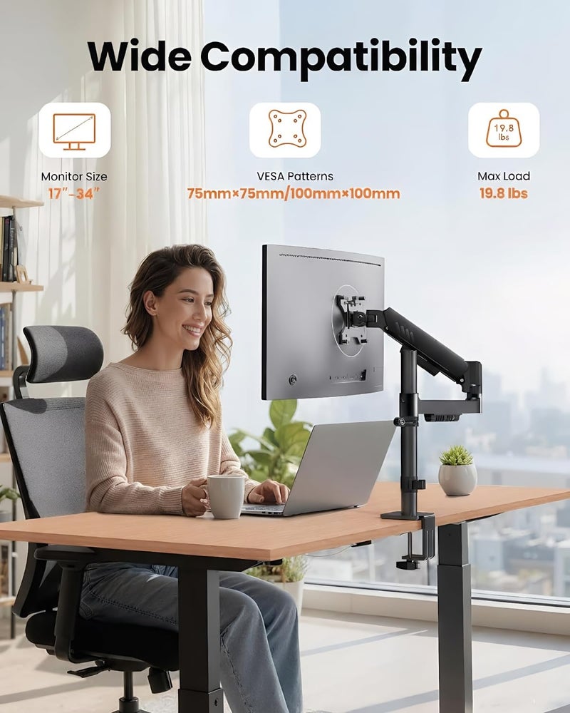 ErGear Single Monitor Arm, Adjustable Desk Gaming Monitor Mount for 13-34â€³ Screens, Up to 19.8 lbs, Enhanced Stability with Integrated C-Clamp, Upgraded Cable Management, VESA 75x75/100x100mm, Black - Image 2