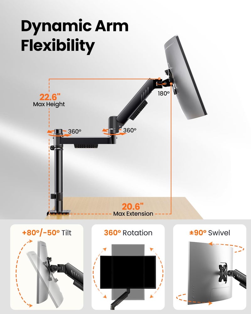 ErGear Single Monitor Arm, Adjustable Desk Gaming Monitor Mount for 13-34â€³ Screens, Up to 19.8 lbs, Enhanced Stability with Integrated C-Clamp, Upgraded Cable Management, VESA 75x75/100x100mm, Black - Image 4
