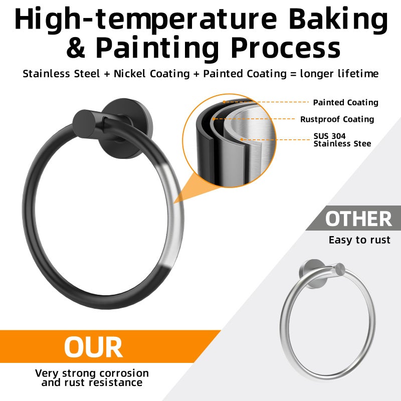 Z-TIISON Matte Black Towel Ring 2Pack, SUS304 Stainless Steel Hand Towel Holder for Bathroom Kitchen, Modern Style Towel Hanger, Thicken Ring Towel Holder, Towel Rack Round Wall Mounted (2, Black) - Image 3
