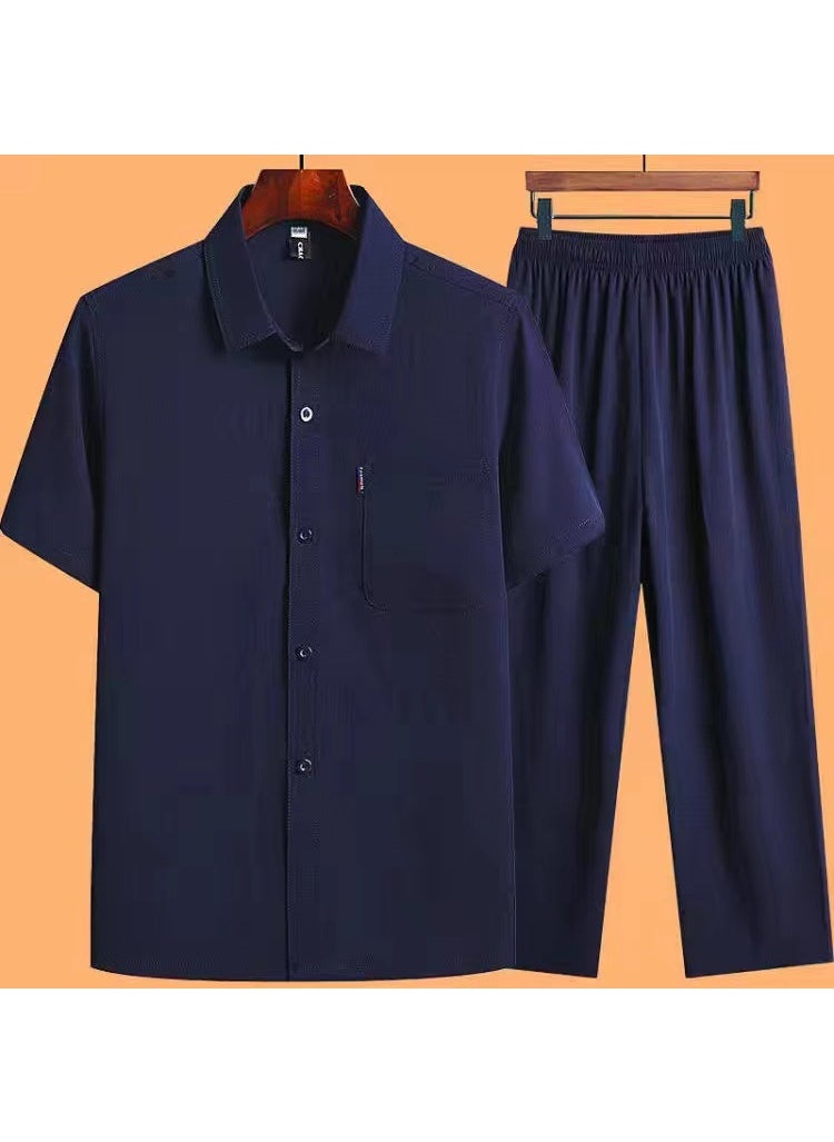 Generic Elderly Mens Cotton Linen Short-Sleeve Shirt Set Short-sleeved navy blue 