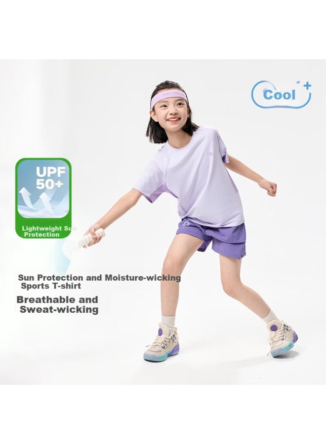 Ebaer Children's Sports T-shirt Short Sleeve Boys And Girls Sweat-wicking Round Neck Sun Protection Top Summer Wear Lilac Purple 160 - Image 1