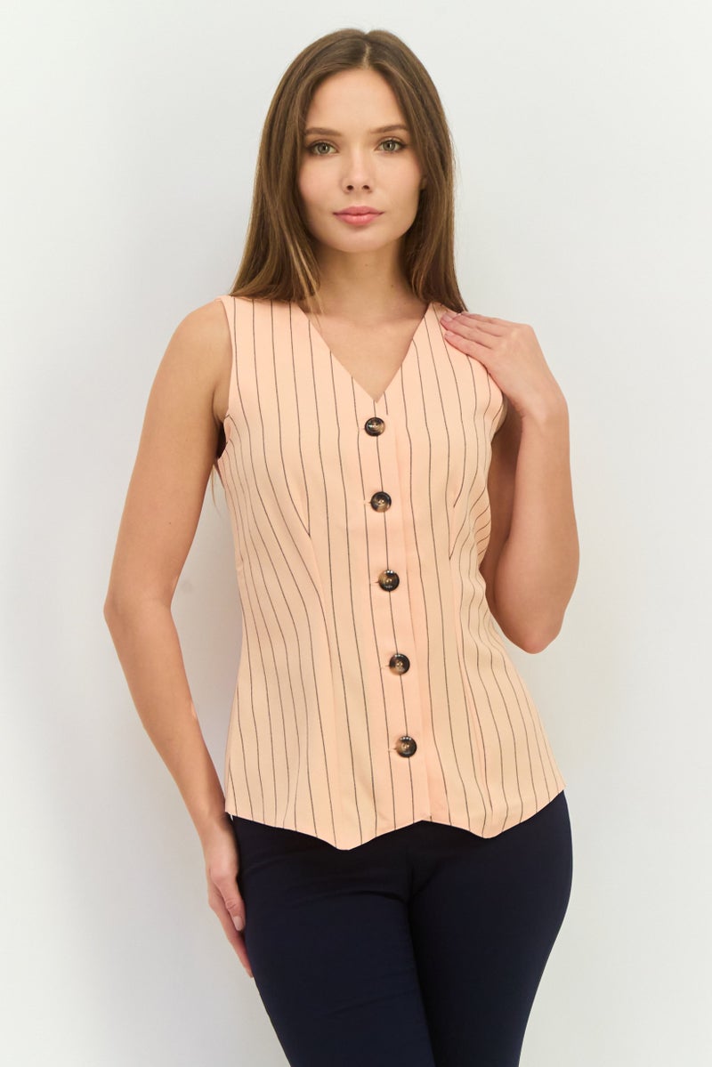 Closet Women Regular Fit Stripe Suits Vest, Peach - Image 1