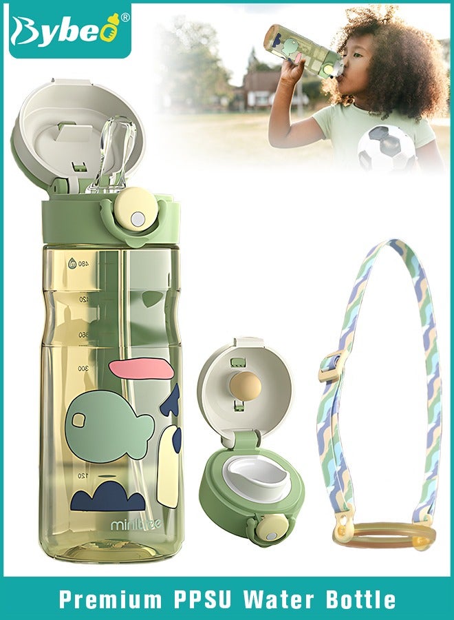 بيبو زجاجة ماء للأطفال من PPSU مع قشاط وفوهة، زجاجة شرب للأطفال مع حزام قابل للإزالة، كوب شرب للأطفال، خالية من مادة البيسفينول أ، مانعة للتسريب بتصميم كرتوني رياضي للرحلات والمدرسة، 480 مل، اللون الأخضر - Image 1
